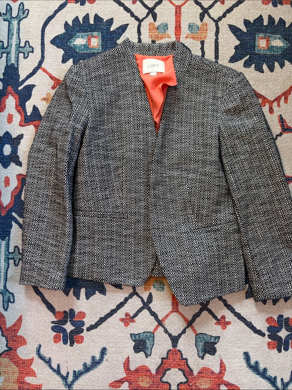 LOFT Black & White Woven Tweed Collarless Blazer with Coral Lining